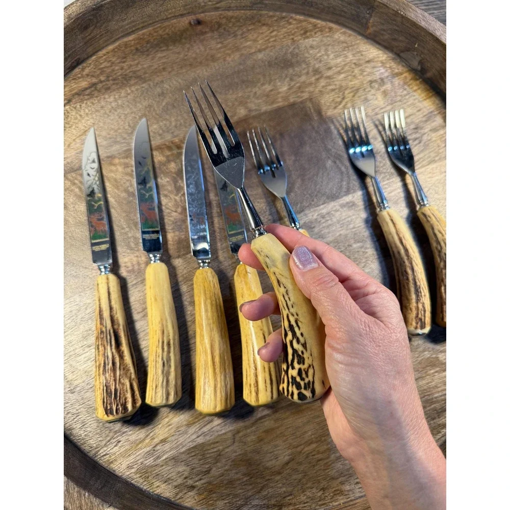 Vintage Anton Wingen Jr. Stag Horn Knife & Fork Set: German Etched Flatware 8 Pc
